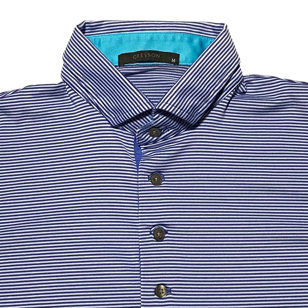 Greyson Mens Striped Short Sleeve Golf Polo Shirt Blue White Size M